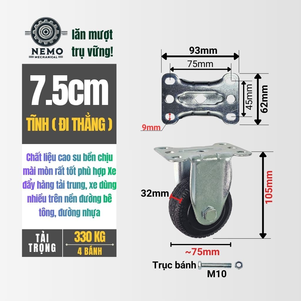 Bánh Xe Cao Su Chịu Mài Mòn – Vân Nhám Chống Trượt (D75, D100)